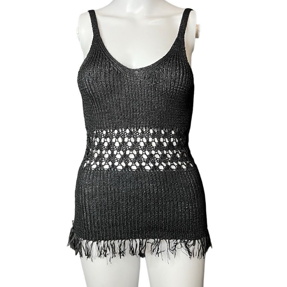 XoXo Jeans Knit Fringe Tank Top Black Size Large